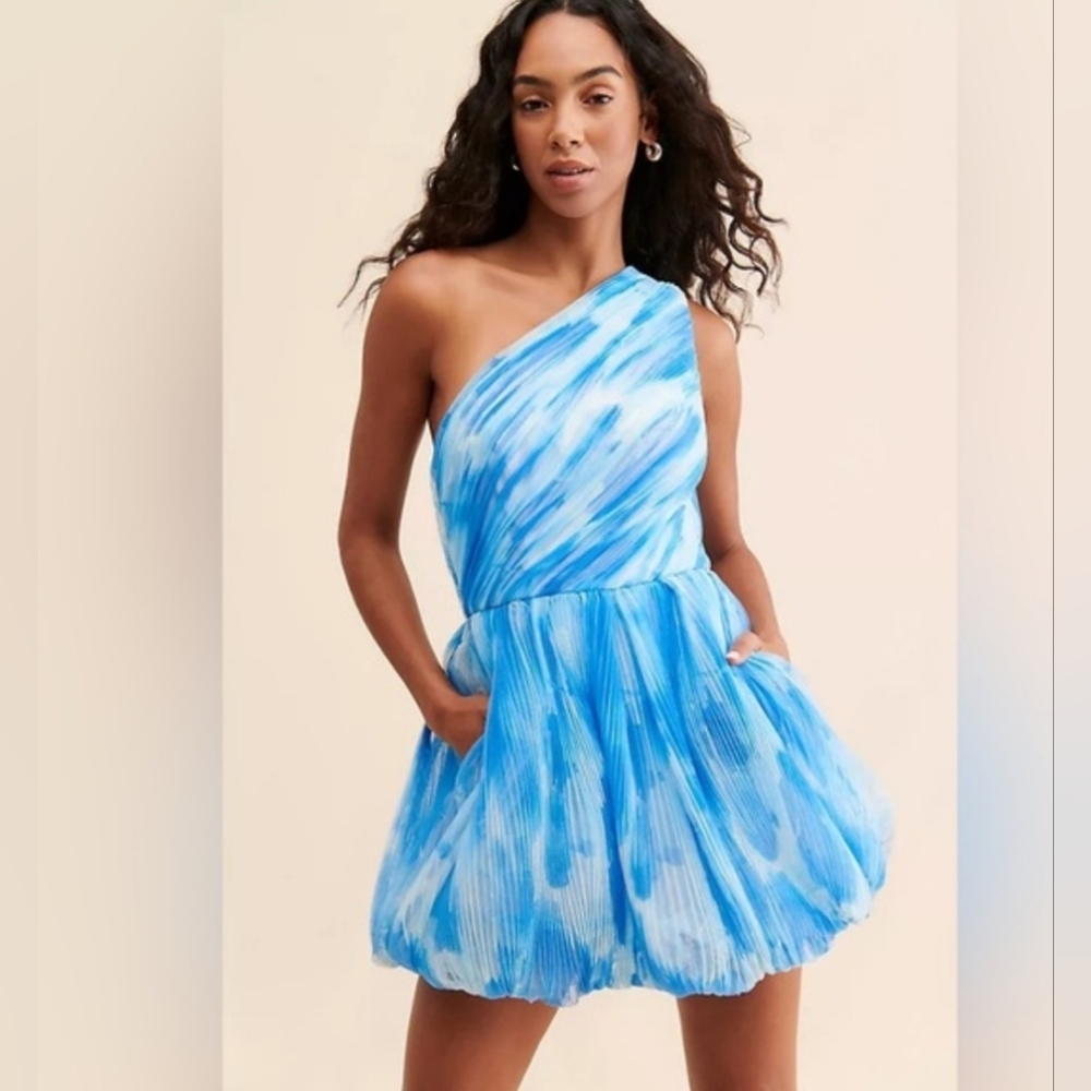 Hutch‎ One Shoulder Bubble Hem Dress Cloud Blue Chiffon Cocktail Wedding Guest